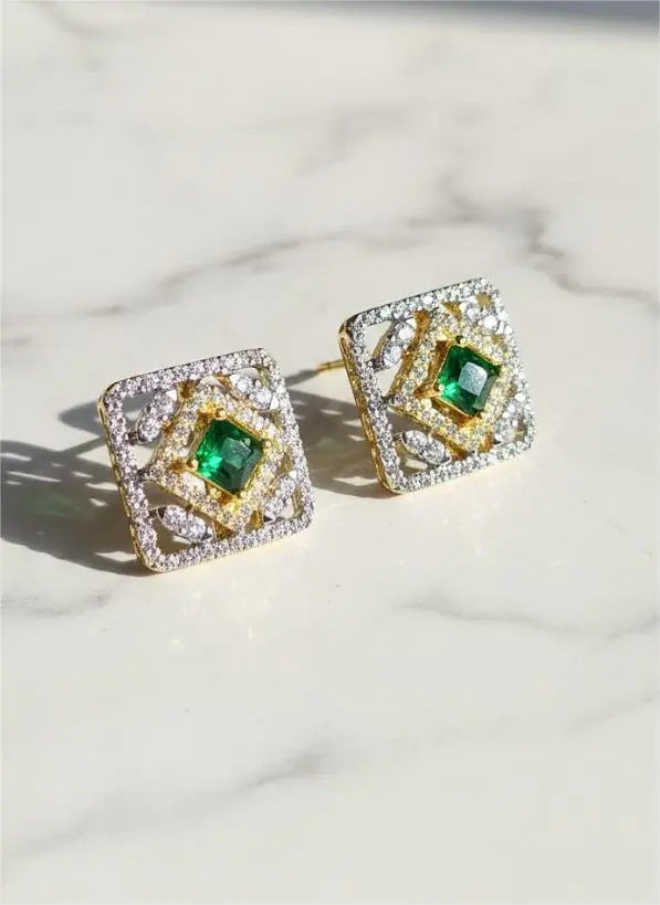 Gold-Plated American Diamond Green Stone Studded Earrings Coruscate Jewels
