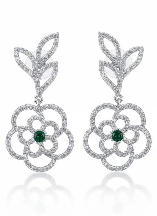 American Diamond Gold Plated Flower Leaf Danglers Coruscate Jewels
