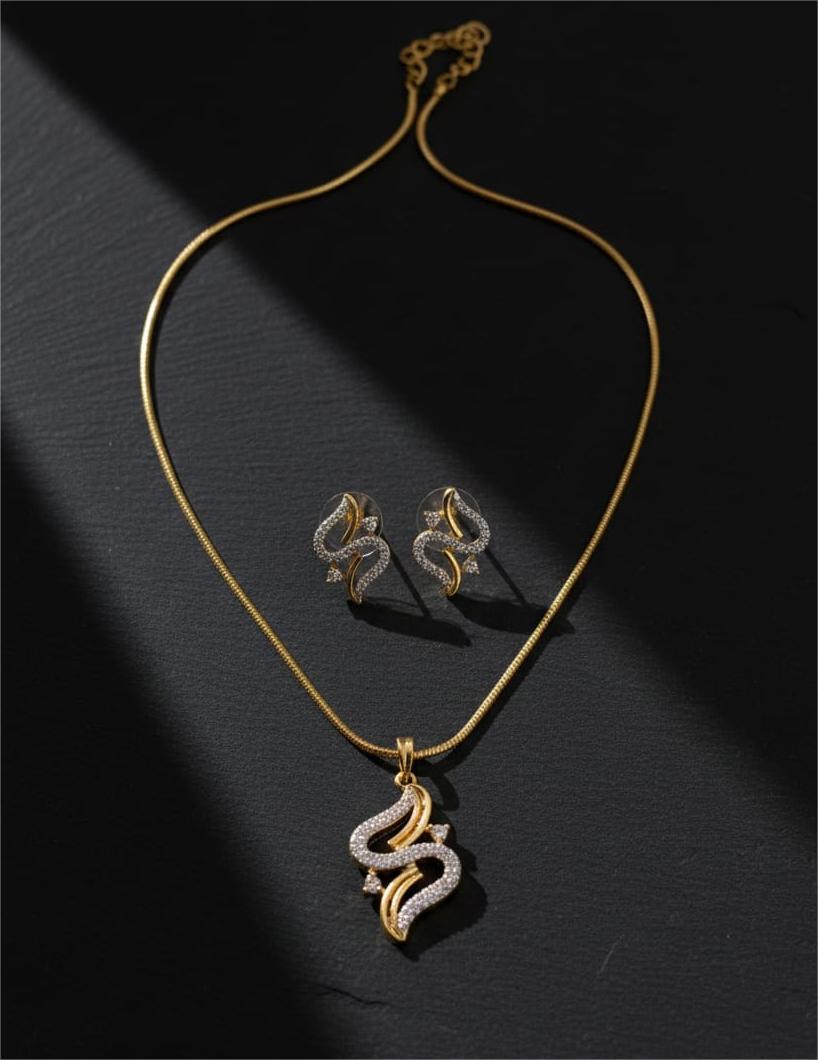 Gold Plated AD Necklace Snake Wave Pendant Set