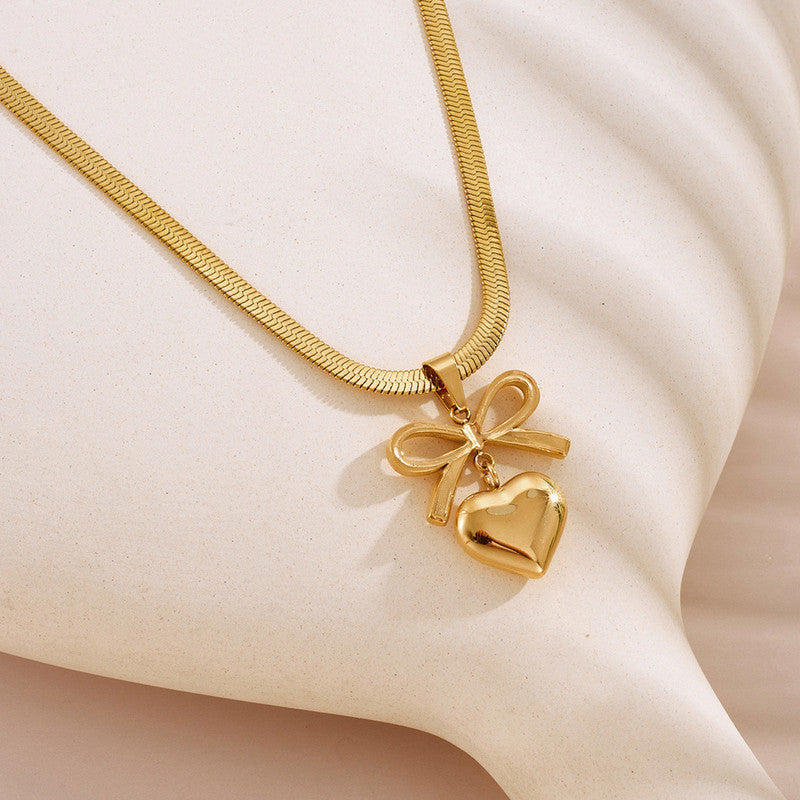 Bow-Heart Theme Anti-Tarnish Gold Plated Pendant Set