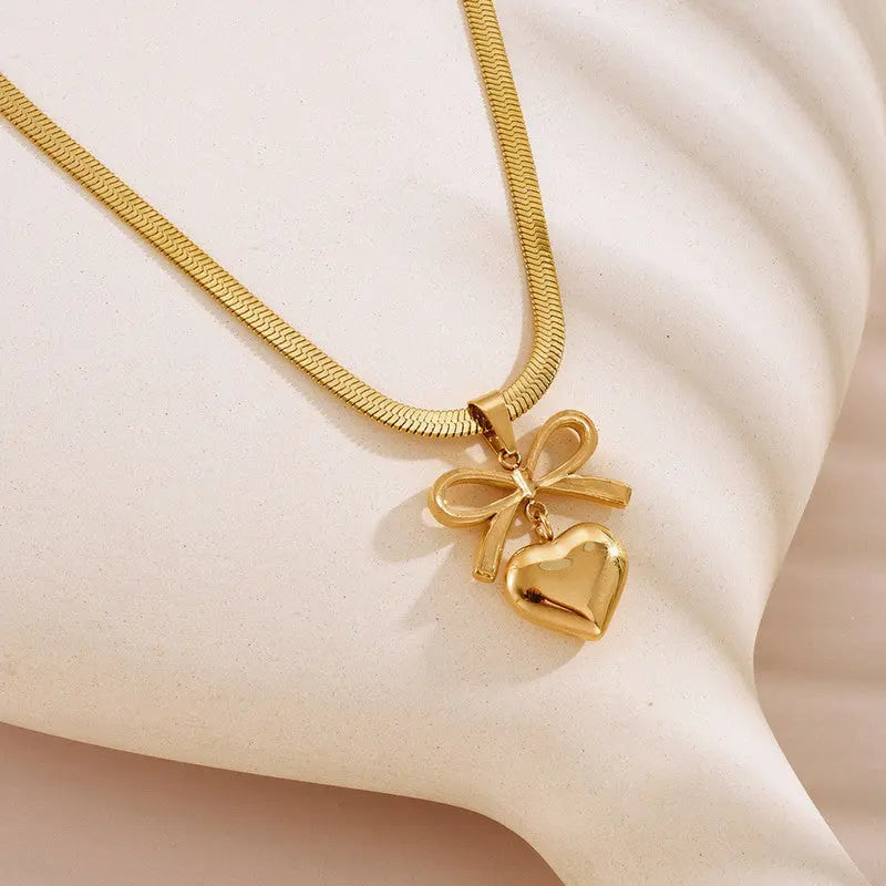Bow-Heart Theme Anti-Tarnish Gold Plated Pendant Set Coruscate Jewels