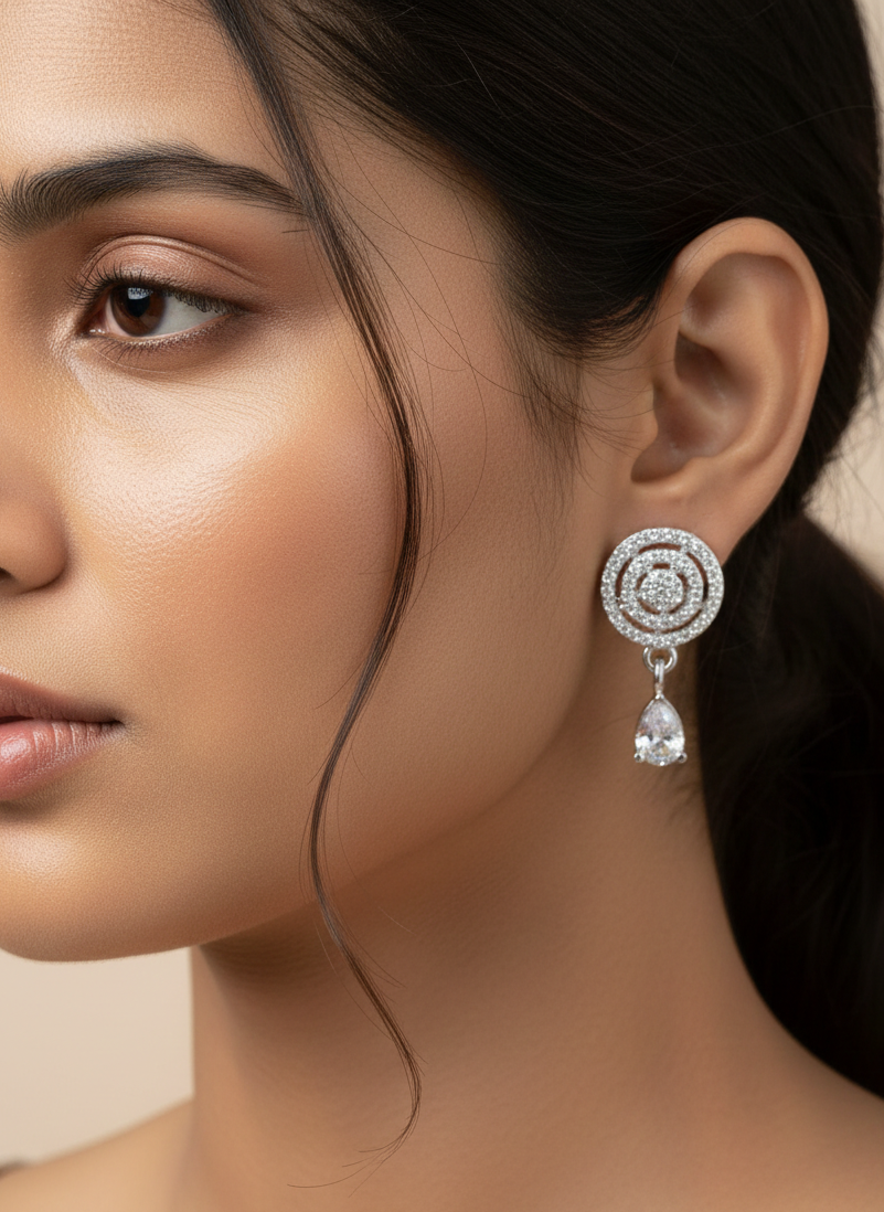 American Diamond Silver Plated Cocentric Drop Earrings