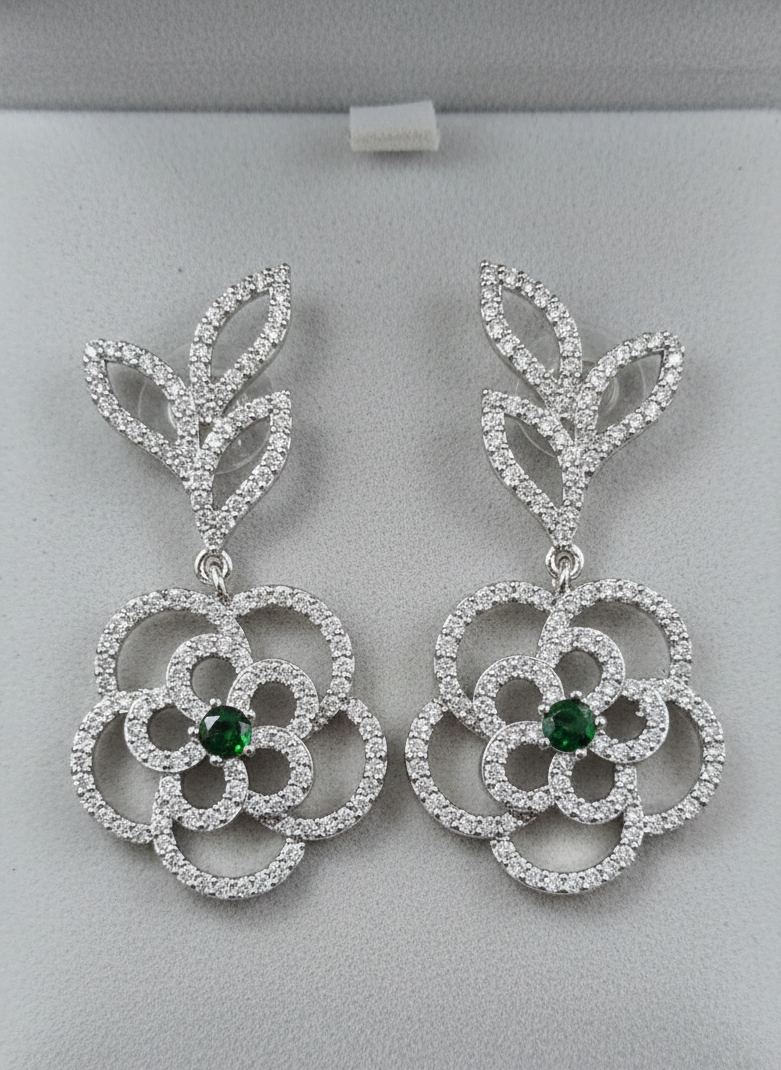 American Diamond Gold Plated Flower Leaf Danglers