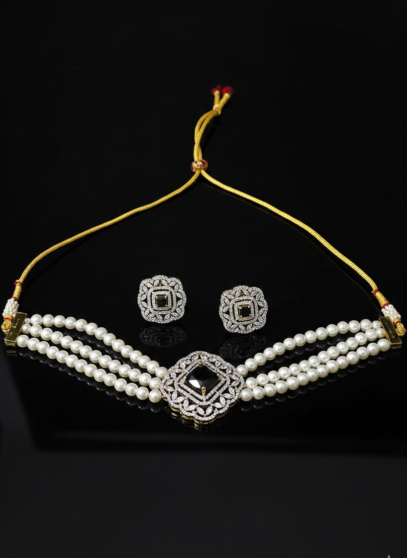American Diamond Gold Plated Black Pearl Royale Necklace Set