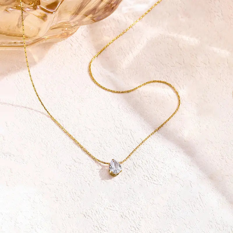 Anti Tarnish Gold Plated Stainless Steel Tear Drop CZ Pendant Coruscate Jewels