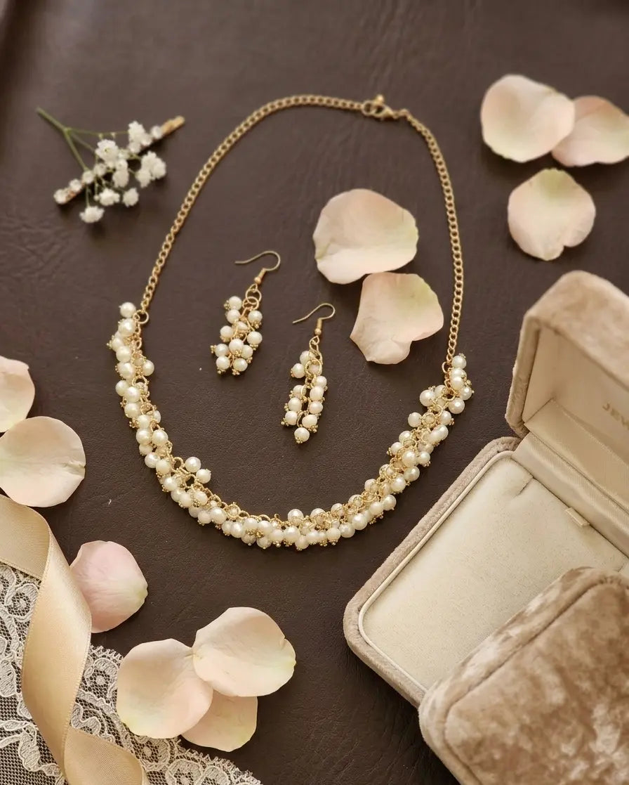 White Beaded Layered Gold Chain Necklace Set Coruscate Jewels
