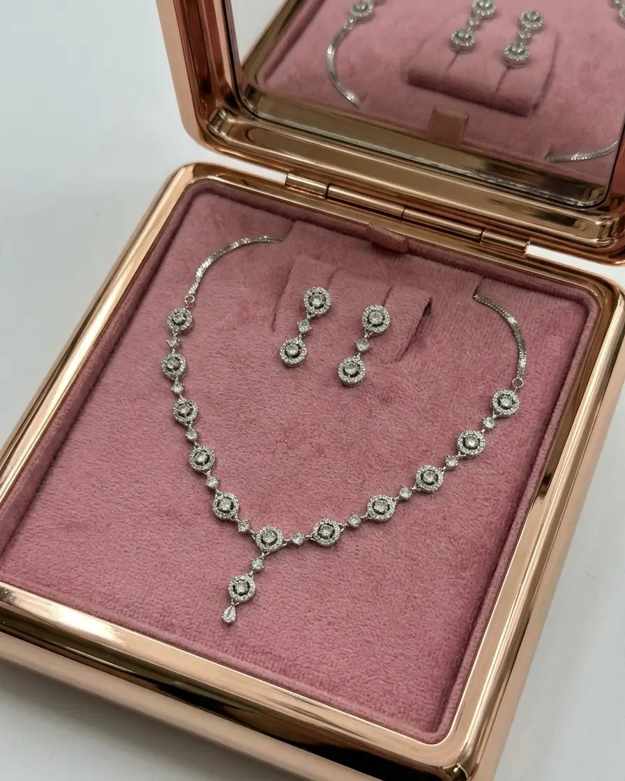 American Diamond Silver Plated Celeste Halo Drop Necklace Set Coruscate Jewels