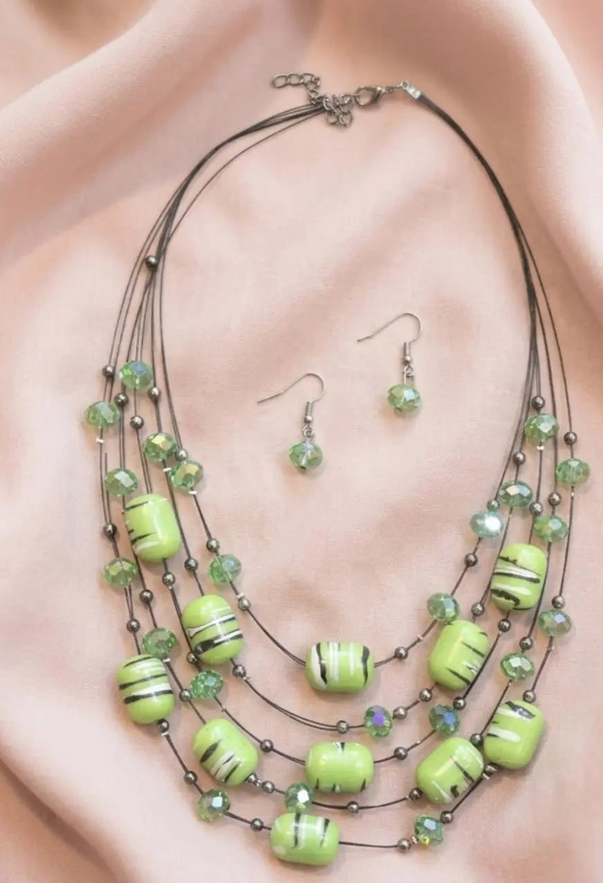 Green Striped Layered Beaded Necklace Set Coruscate Jewels