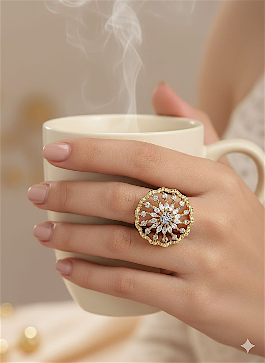 Coruscate Jewels Radiant Bloom Adjustable Gold-Tone Ring with CZ Stones