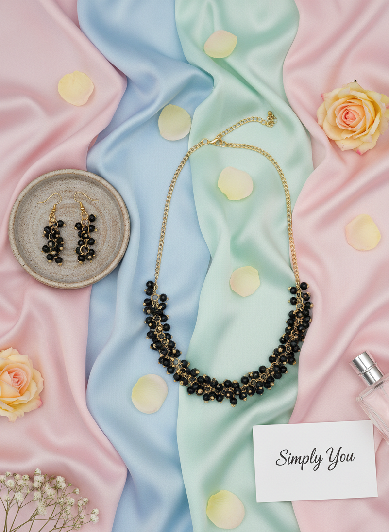 Black Beaded Gold Chain Necklace Set