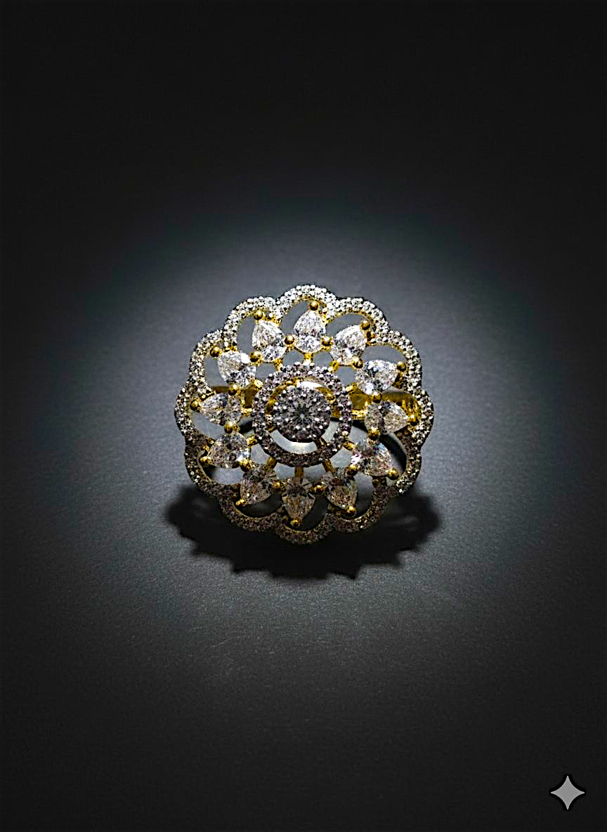 Coruscate Jewels Golden Bloom Floral CZ Adjustable Finger Ring