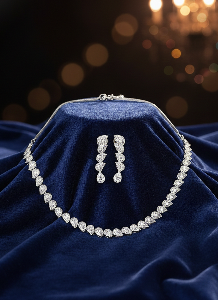 American Diamond Silver-Plated Wave Crystal Cascade Necklace Set