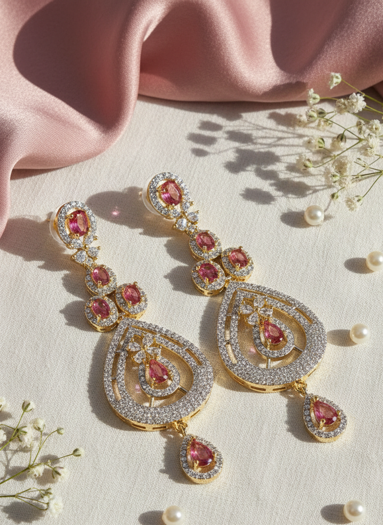 American Diamond Gold Plated Dual Teardrop Ruby Danglers