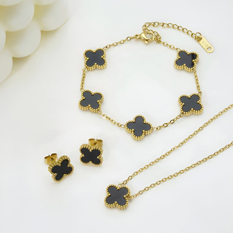 Anti Tarnish Stainless Steel Gold Plated Clover Jewellery Set for Girls and Women