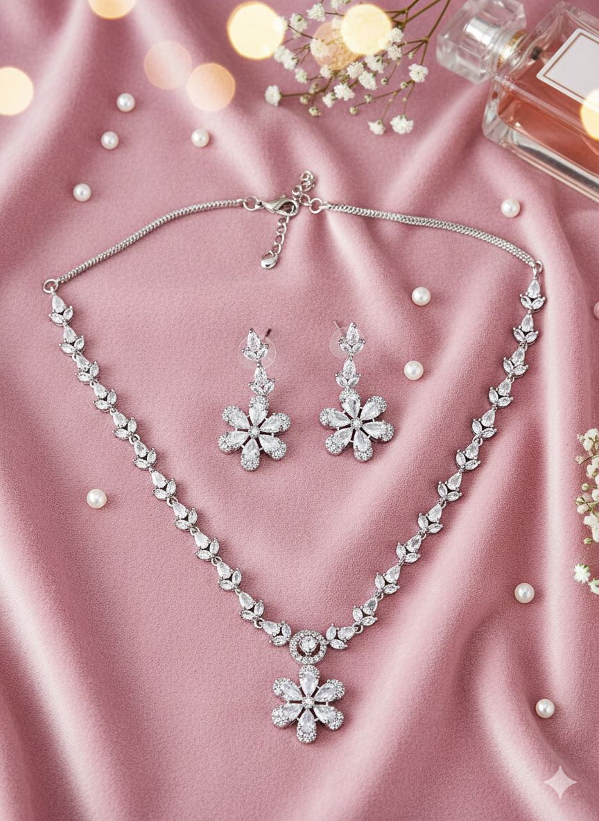 American Diamond Silver-Plated Flower Bloom Necklace Set