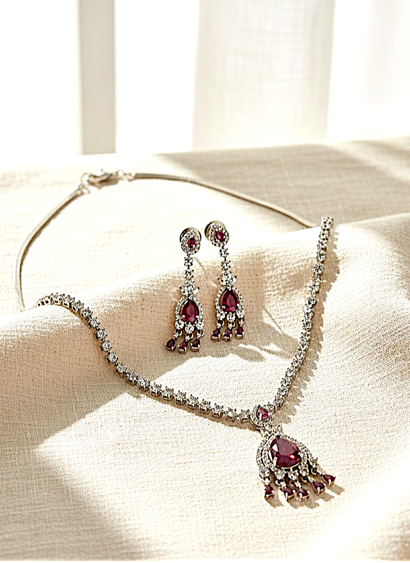 Silver Plated Necklace Set American Diamond Empress Ruby Elegance