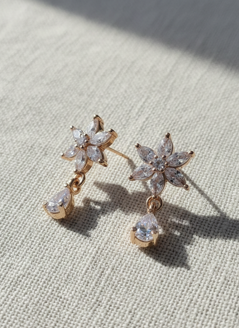 American Diamond Rose Gold Plated Star Teardrop Earrings