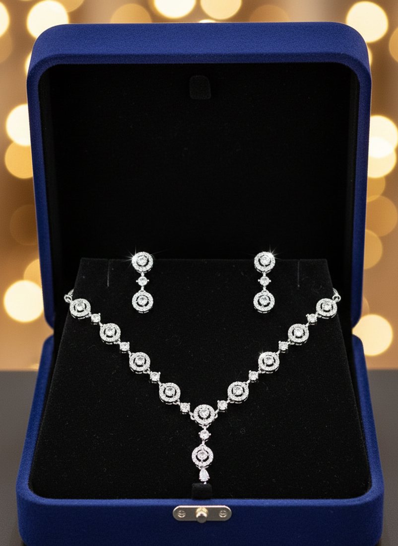 American Diamond Silver Plated Celeste Halo Drop Necklace Set