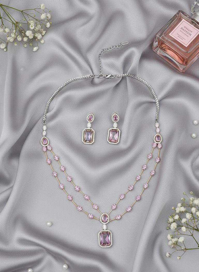 Gold Plated American Diamond Baby Pink Necklace Set Prism Aura