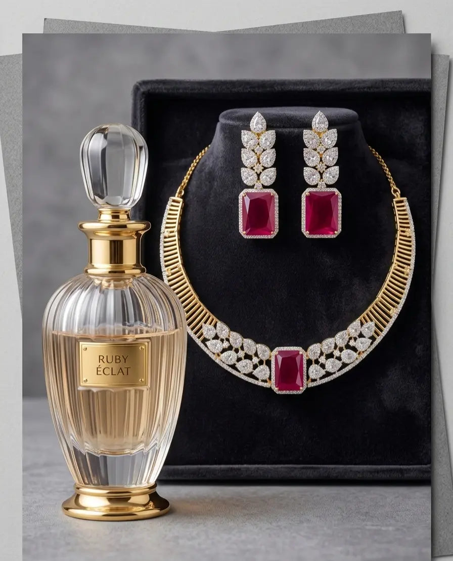 American Diamond Gold-Plated Ruby Leaf Style Necklace Set Coruscate Jewels