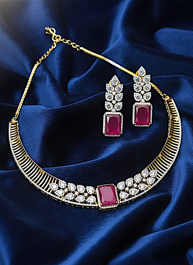 American Diamond Gold-Plated Ruby Leaf Style Necklace Set