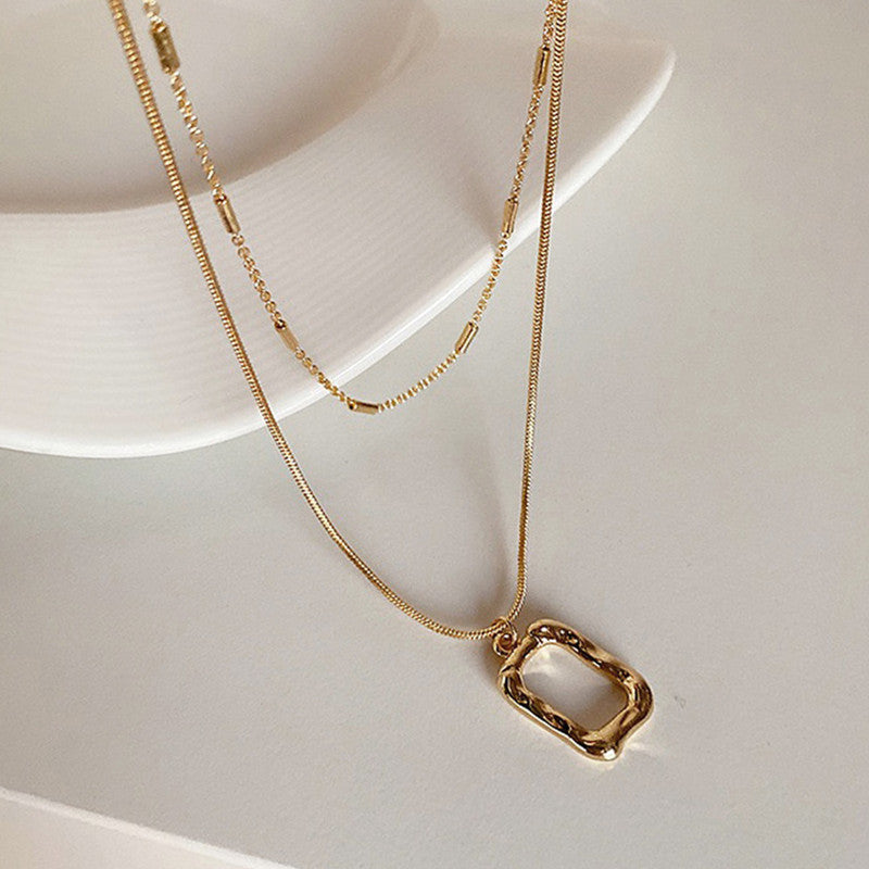 Anti Tarnish Stainless Steel Gold Plated Dual Layer Geomtric Necklace for Women