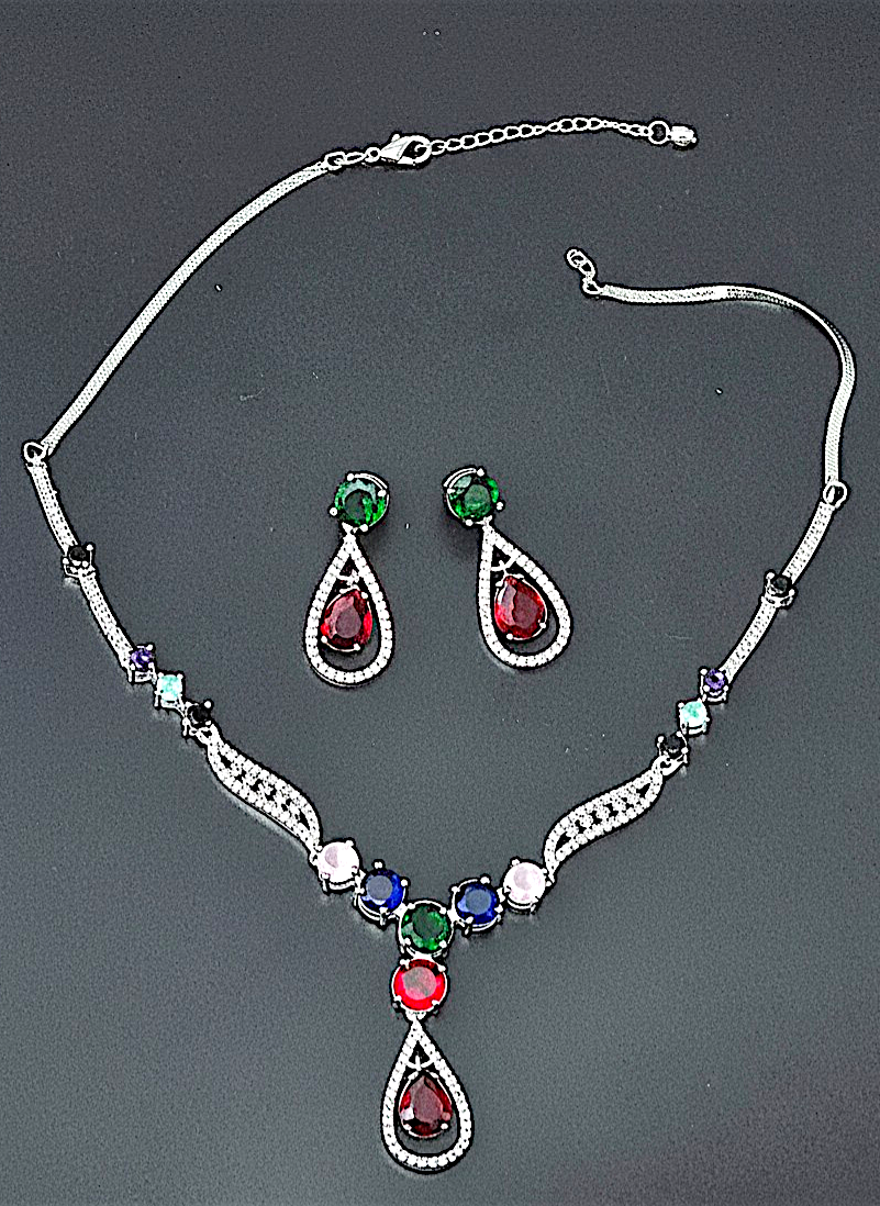 Silver-Plated American Diamond Royale Teardrop Multicolor Necklace Set