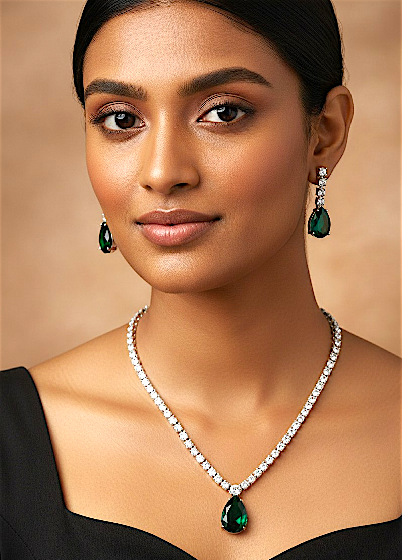 American Diamond Silver-Plated Emerald Royale Drops Necklace Set