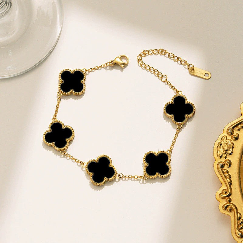 Gold Plated Anti Tarnish Black Clover Bracelet For Girls And Women