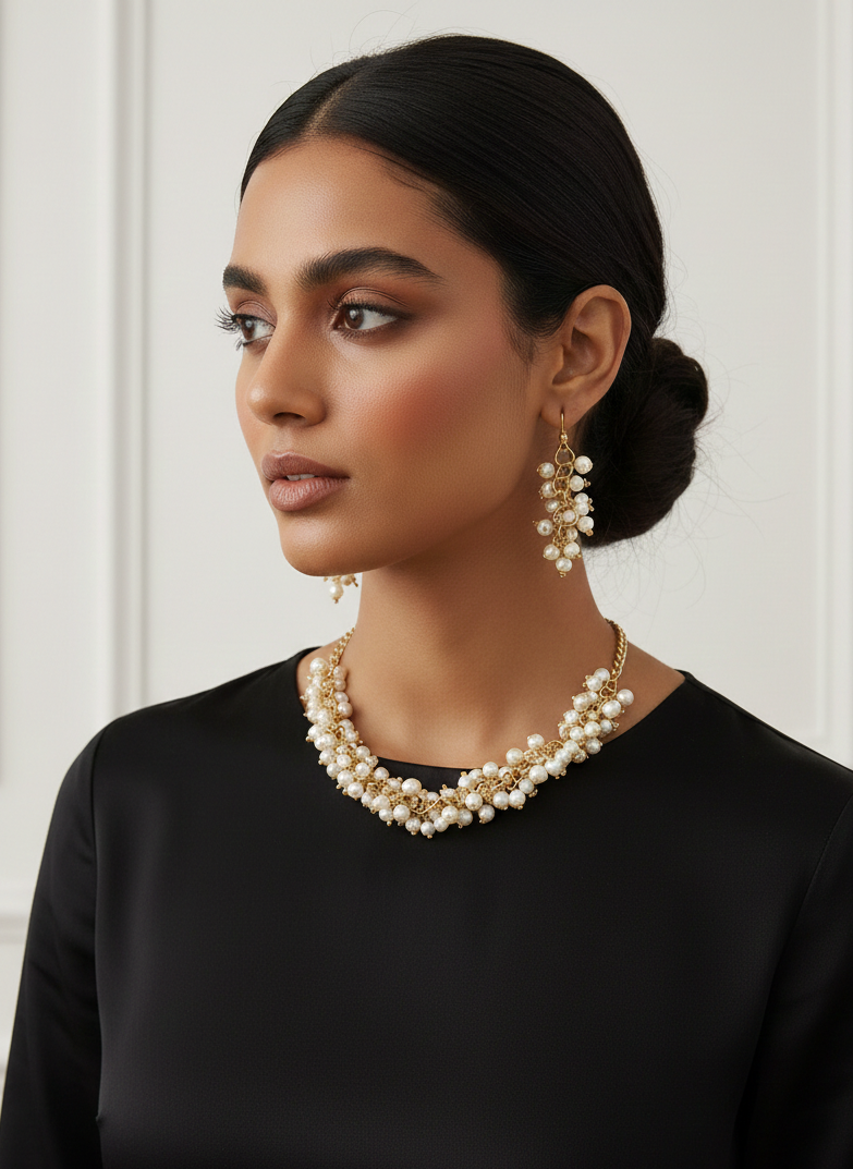 White Beaded Layered Gold Chain Necklace Set