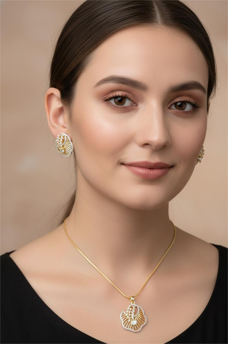 American Diamond Gold Plated Sea Shell Theme Pendant Set