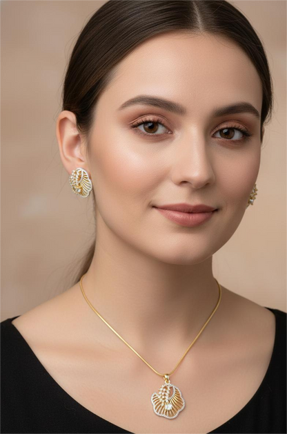 American Diamond Gold Plated Sea Shell Theme Pendant Set