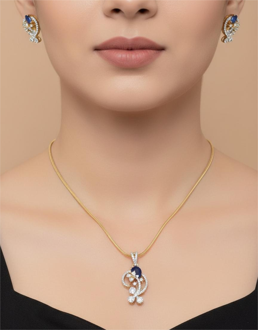 Gold Plated American Diamond Midnight Royale Pendant Set