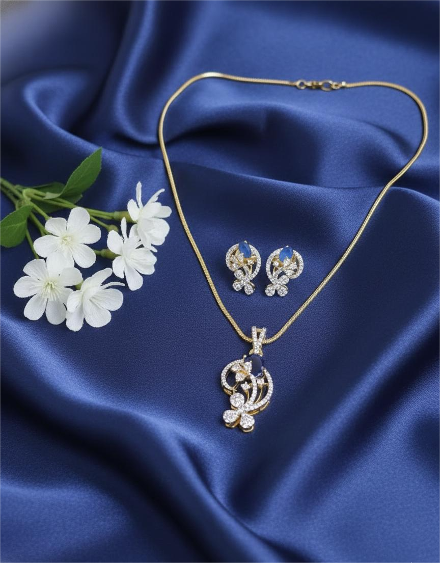 Gold Plated American Diamond Midnight Royale Pendant Set