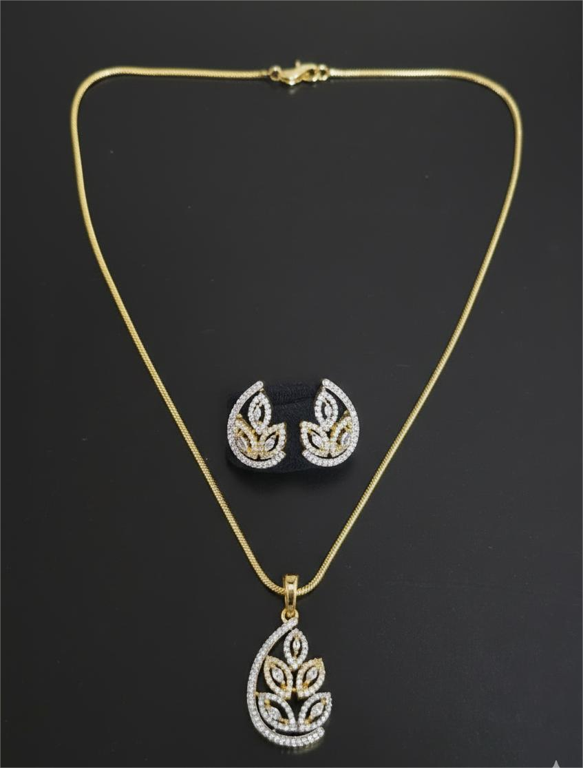 American Diamond Gold Plated -Golden Leaf Grace Pendant Set