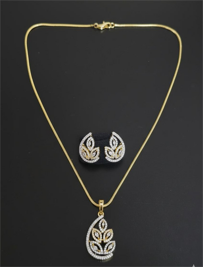 American Diamond Gold Plated -Golden Leaf Grace Pendant Set