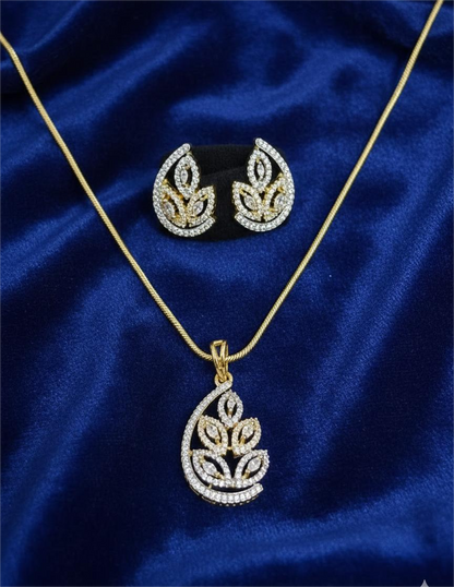 American Diamond Gold Plated -Golden Leaf Grace Pendant Set