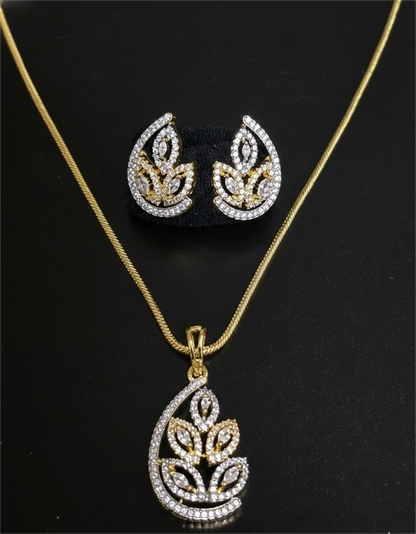 American Diamond Gold Plated -Golden Leaf Grace Pendant Set