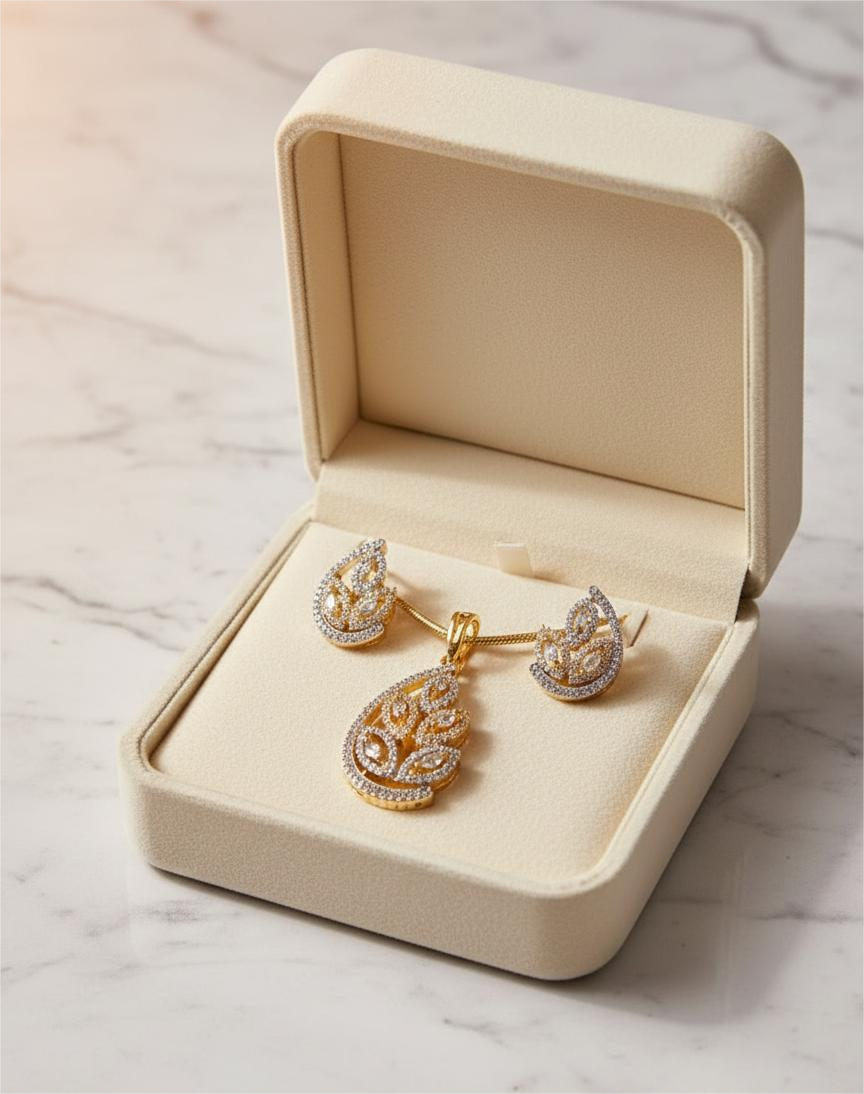 American Diamond Gold Plated -Golden Leaf Grace Pendant Set