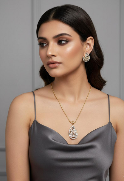 American Diamond Gold Plated -Golden Leaf Grace Pendant Set