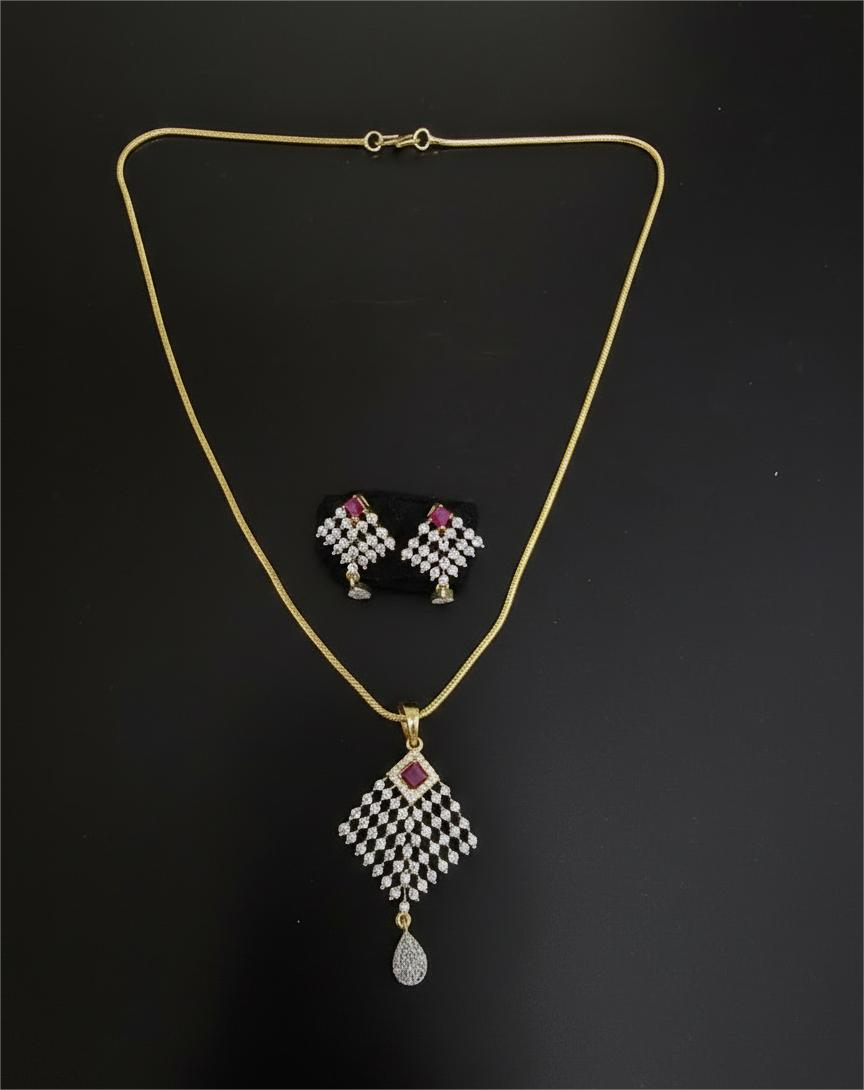 American Diamond Gold Plated Celeste Ruby Drop Pendent Set