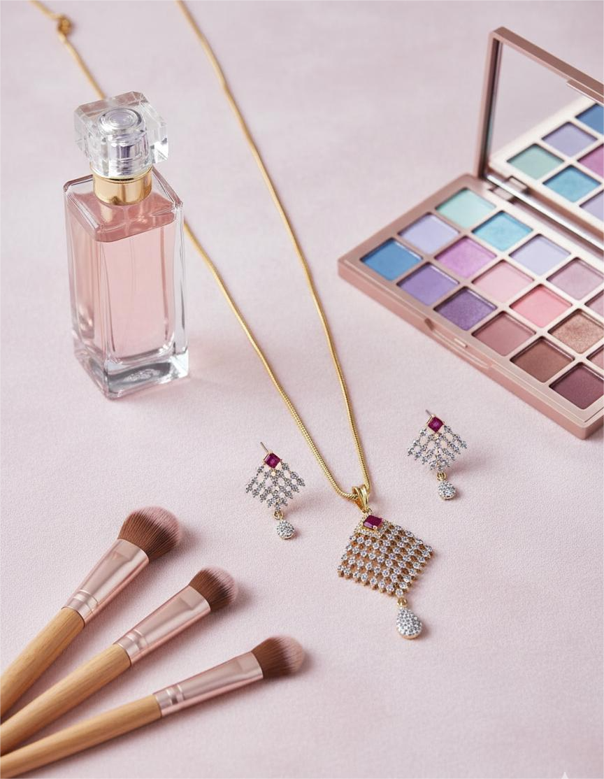 American Diamond Gold Plated Celeste Ruby Drop Pendent Set