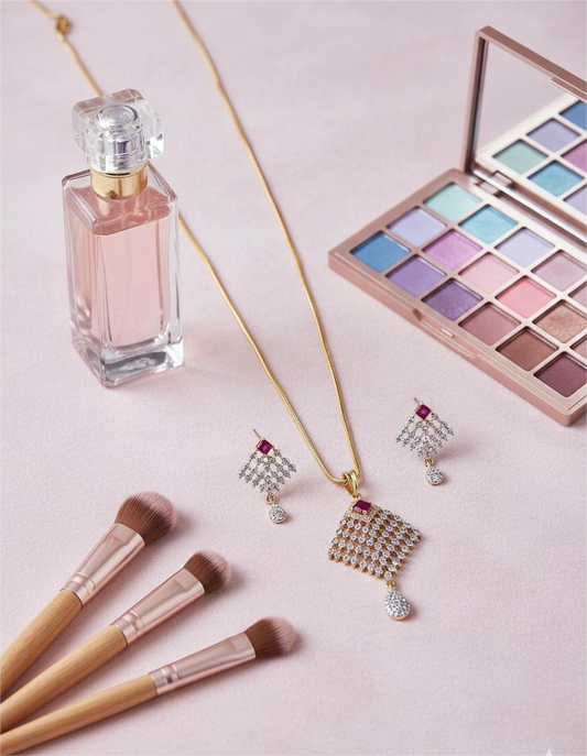 American Diamond Gold Plated Celeste Ruby Drop Pendent Set