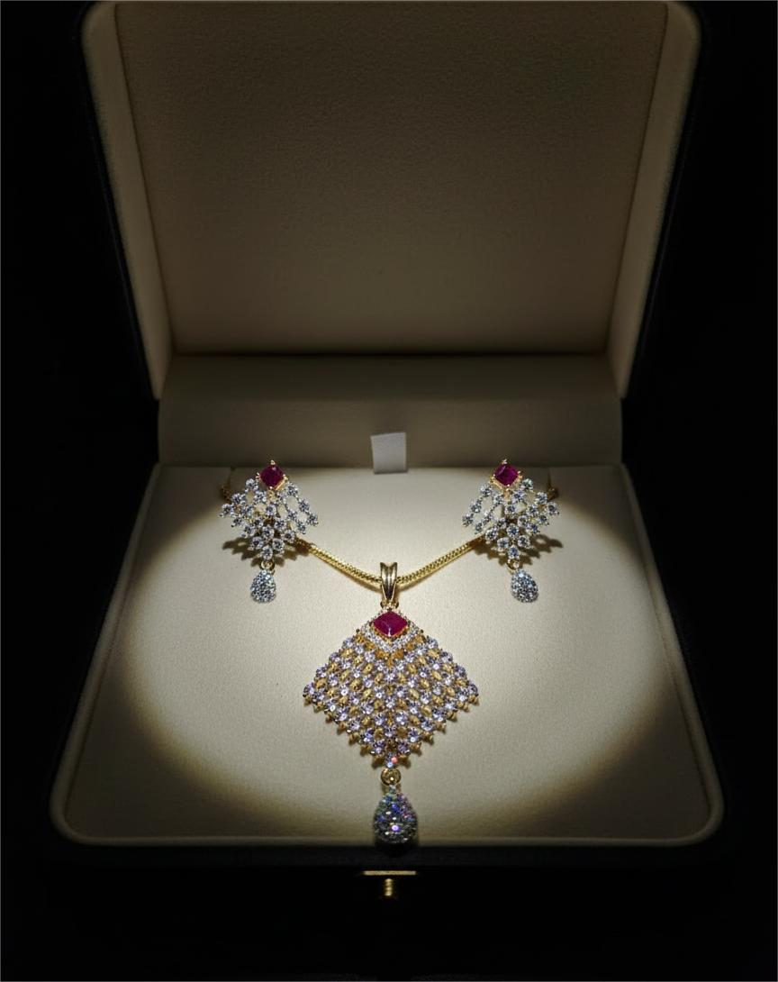 American Diamond Gold Plated Celeste Ruby Drop Pendent Set