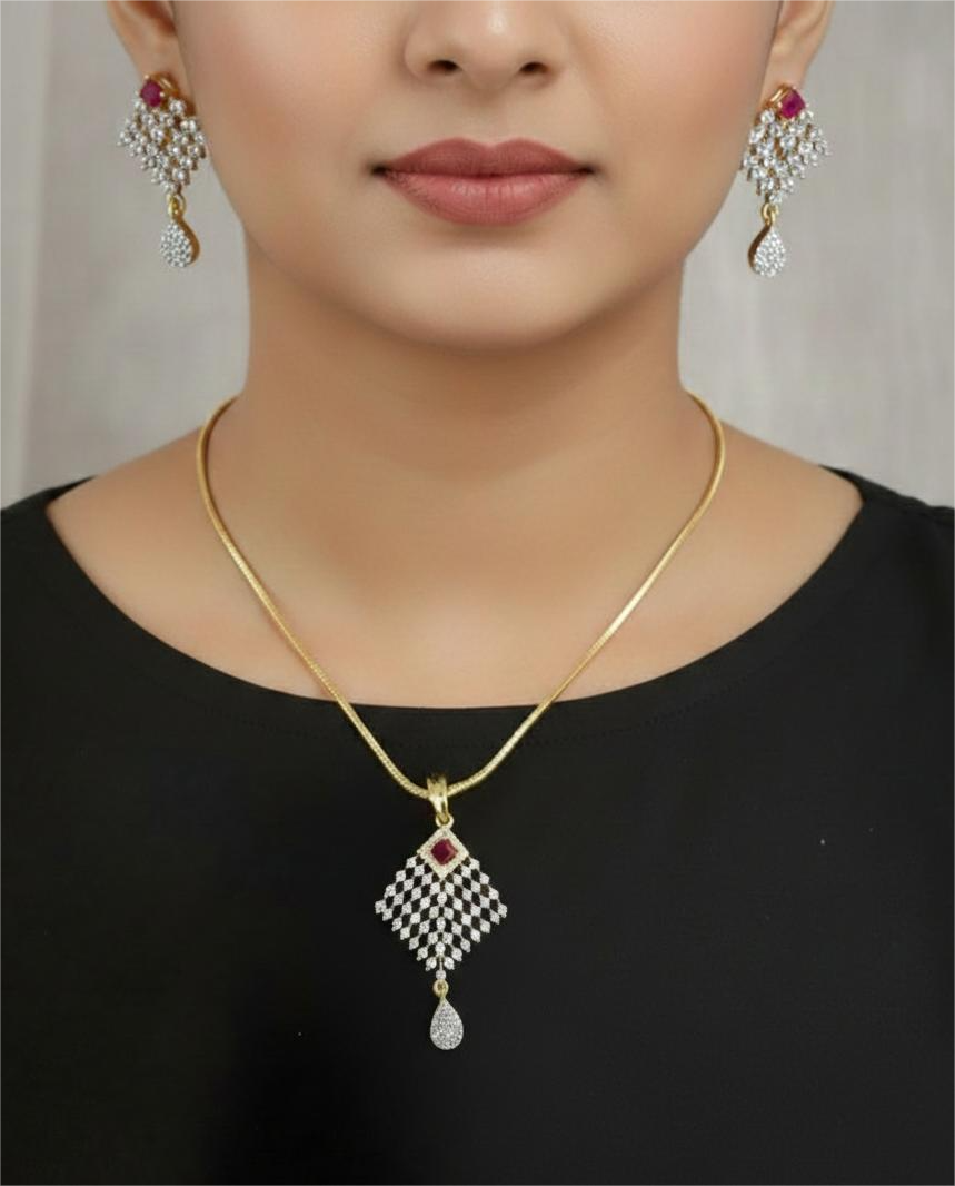American Diamond Gold Plated Celeste Ruby Drop Pendent Set