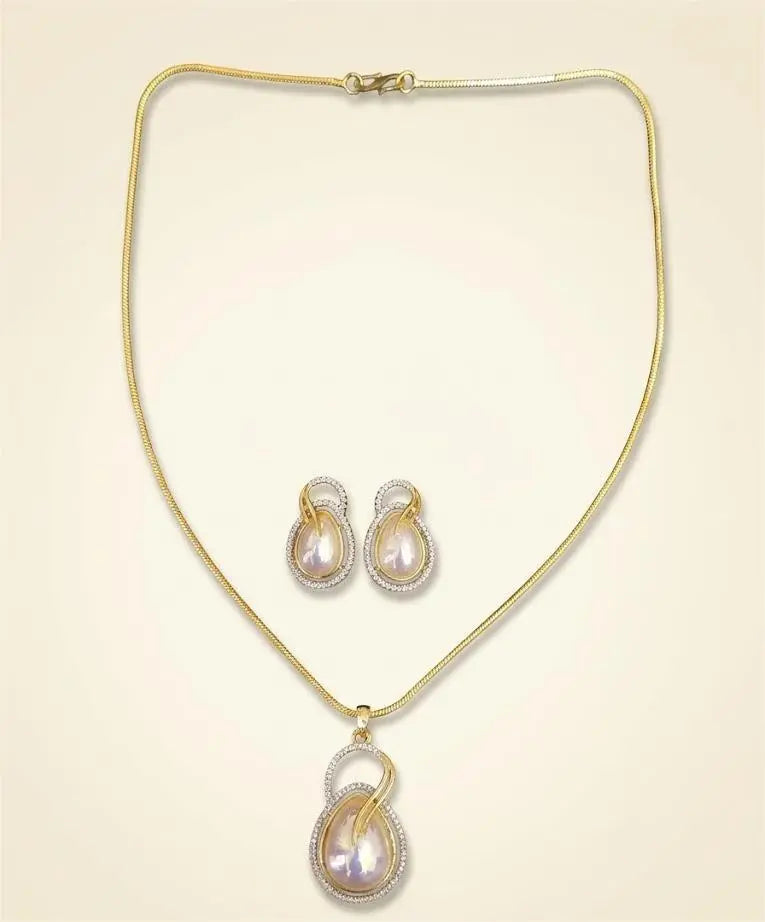 American Diamond Gold Plated Ivory Pearl Pendant Set Coruscate Jewels