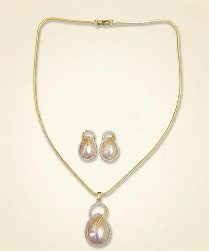 American Diamond Gold Plated Ivory Pearl Pendant Set Coruscate Jewels