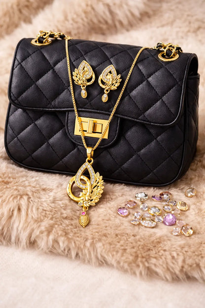 Leafy Golden Teardrop Gold-Plated Pendant Set Coruscate Jewels