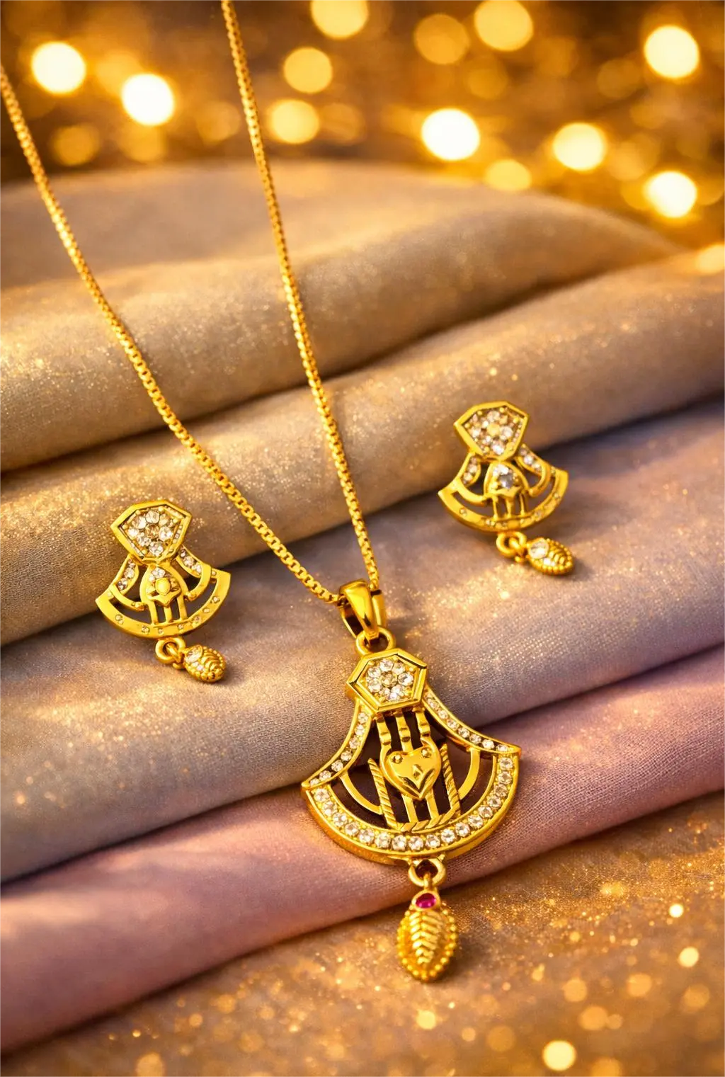 Gold Polish Pendant Set Ruby Drop Heart Glow Coruscate Jewels