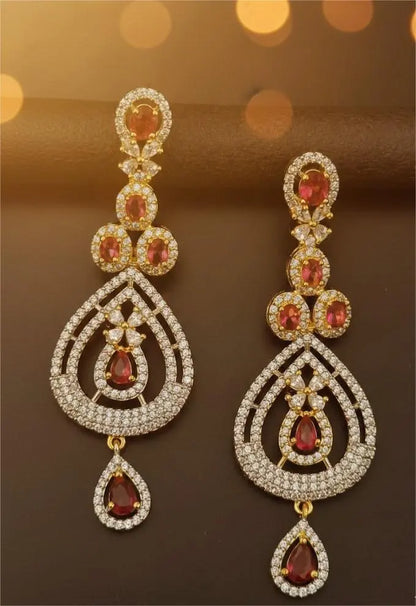 American Diamond Gold Plated Dual Teardrop Ruby Danglers Coruscate Jewels